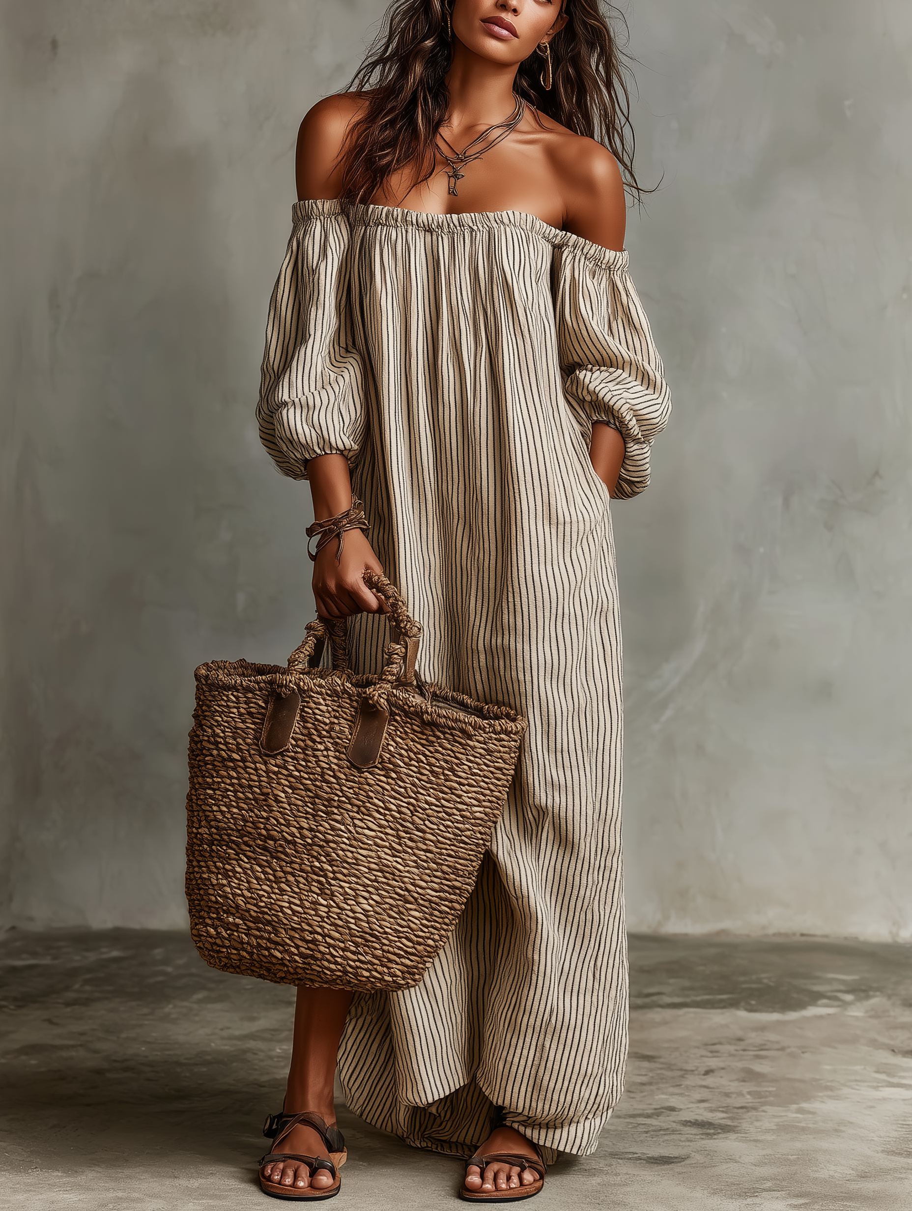 Daisy - Abito maxi in cotone e lino con spalle scoperte