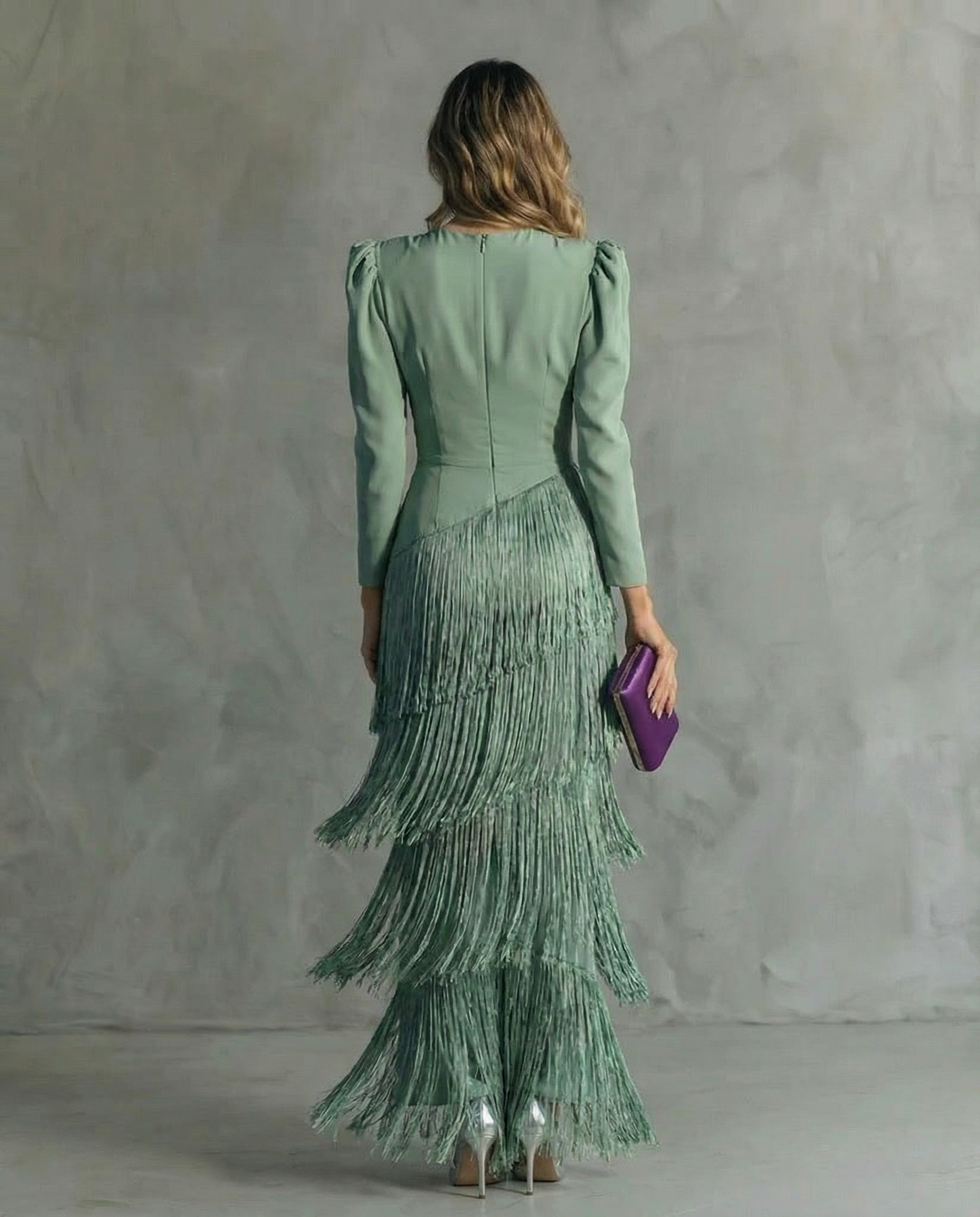 Alessia - Elegant midi dress with fringe sleeves