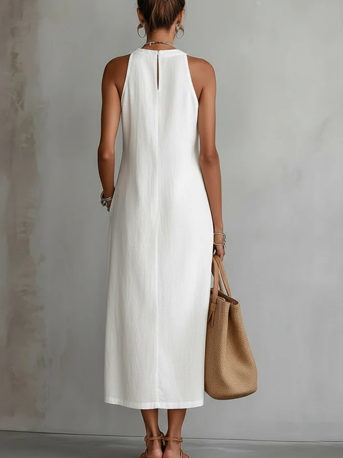 Lina – Linen midi dress with mandarin collar