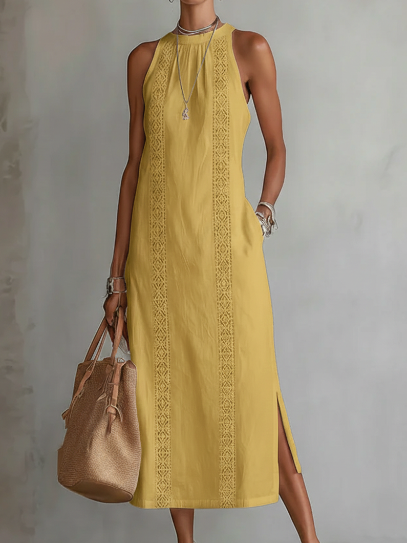Lina – Linen midi dress with mandarin collar